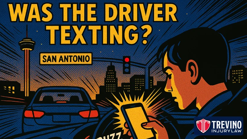 Pop-art comic illustration headlined Was the Driver Texting, showing a driver in San Antonio looking down at a glowing smartphone at dusk while the car ahead brakes, with the Tower of the Americas in the background