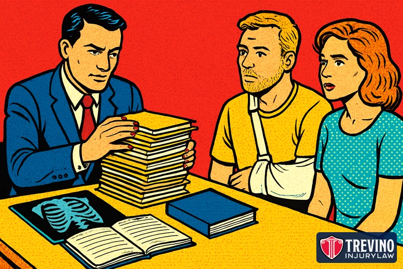 Comic-style illustration of a lawyer organizing a stack of medical records, an X-ray and a journal while an injured client in an arm sling and his partner look on, representing the evidence used to prove personal injury damages.