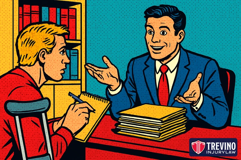 Pop-art comic illustration of an injured client with a crutch taking notes and asking questions while a friendly attorney explains the case during a free consultation in a law office