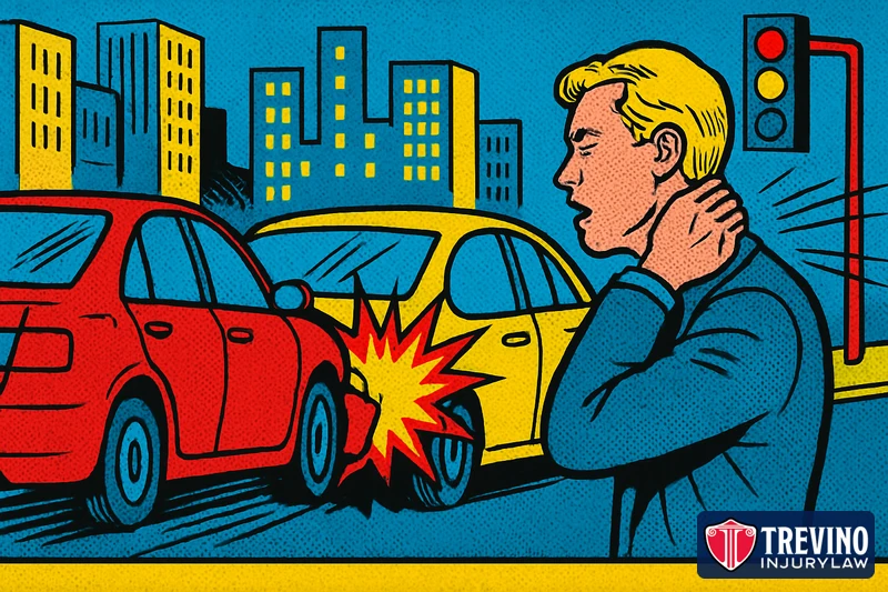 Pop-art comic illustration of a rear-end collision at a city stoplight with a crumpled bumper and an injured driver holding their neck, showing how following too closely leads to rear-end crash liability and settlement claims in Texas