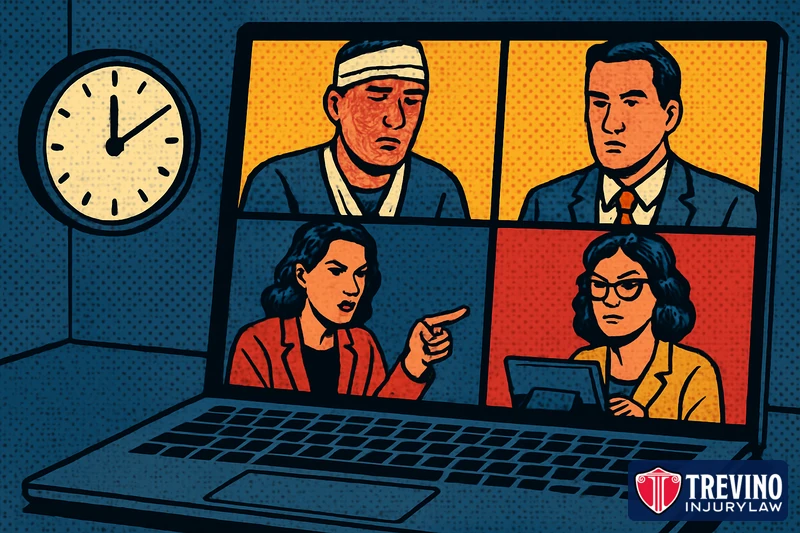 Comic illustration of a remote video deposition on a laptop screen showing an injured man, his lawyer, the opposing attorney, and a court reporter in separate video tiles, with a wall clock nearby