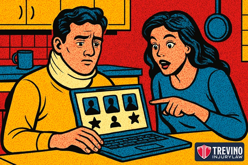 Pop-art comic illustration of an injured man in a neck brace researching personal injury lawyers and reviews on a laptop at a kitchen table while a family member points at the screen