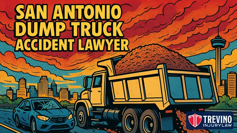 Comic-style illustration of a loaded dump truck spilling gravel on a highway near the San Antonio skyline while a car with a cracked windshield swerves behind it, with the headline San Antonio Dump Truck Accident Lawyer.