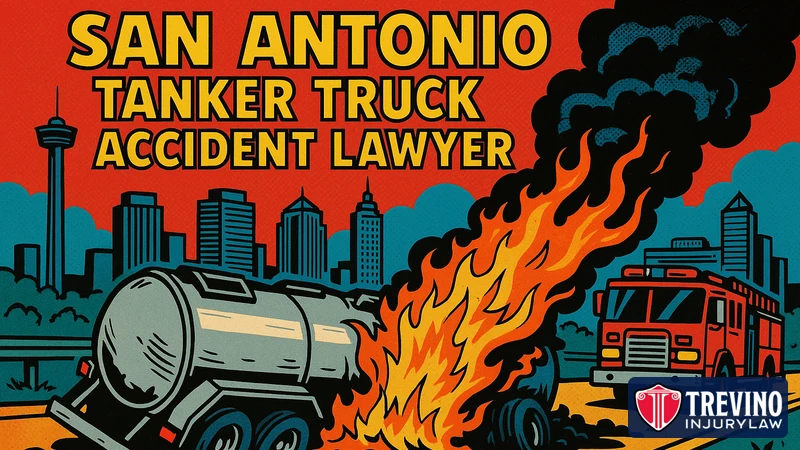 Comic-style illustration of an overturned tanker truck burning on a highway near the San Antonio skyline as a fire engine arrives, with the headline San Antonio Tanker Truck Accident Lawyer.