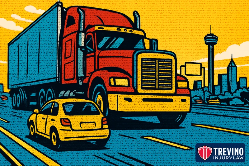 Comic-style illustration of a massive red 18-wheeler towering over a small yellow car on a Texas interstate near the San Antonio skyline, showing the size and weight difference that makes truck crashes deadlier than car crashes.