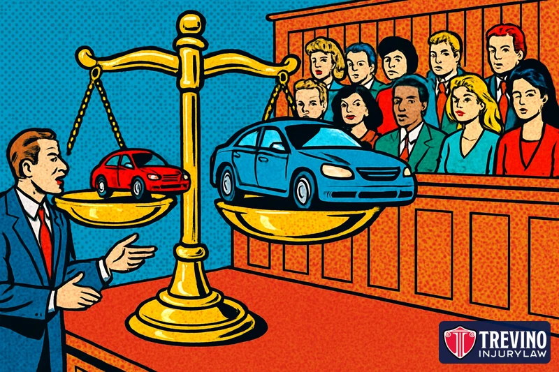 Comic-style illustration of a courtroom balance scale weighing a small red car against a larger blue car while a jury watches and a lawyer argues, representing how Texas juries assign percentages of fault under proportionate responsibility.