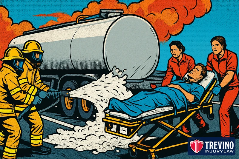 Comic-style illustration of firefighters spraying foam on a leaking tanker truck after a highway crash while paramedics wheel an injured driver away on a stretcher.