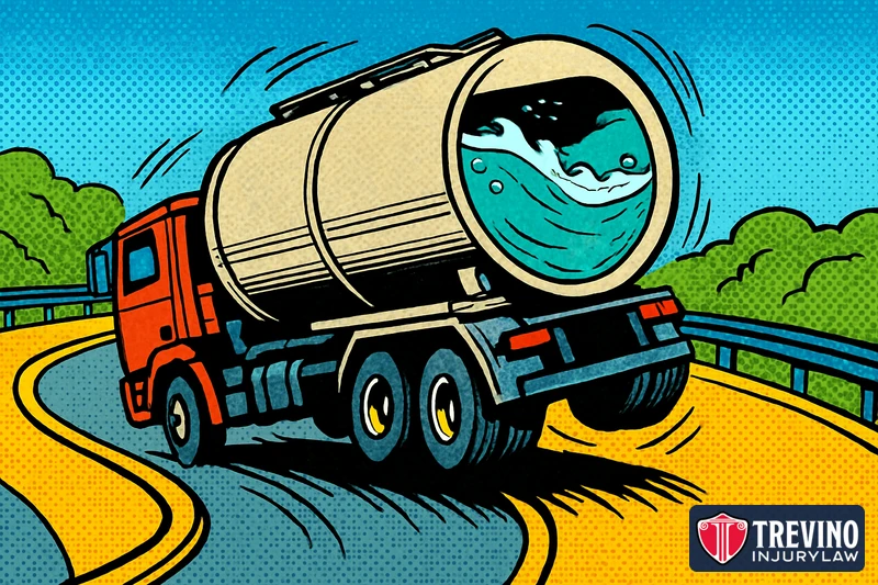 Comic-style illustration of a tanker truck tipping on a curved ramp, with a cutaway of the tank showing liquid sloshing to one side.