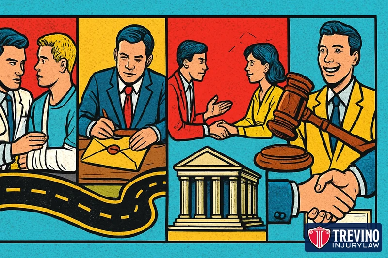 Pop-art comic illustration of the stages of a Texas personal injury claim along a winding road: a doctor treating an injured patient, a lawyer sealing a demand letter, settlement negotiation across a table, a courthouse and gavel for a lawsuit, and a final handshake with a settlement check