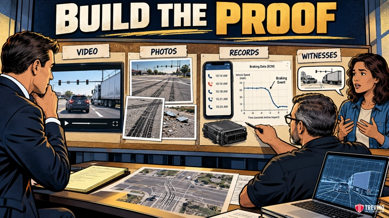 A legal team reviews evidence on a bulletin board labeled “BUILD THE PROOF,” featuring photos of skid marks, a braking data graph, and a phone log. A man points to a black device as he and a woman discuss the accident scene depicted on their desk monitors.