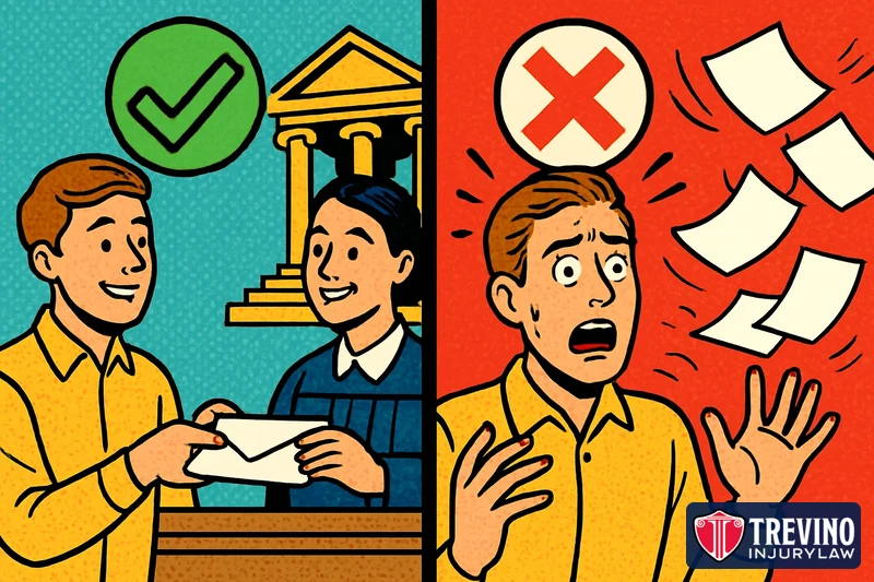 Before and after pop-art comic contrasting an injured person filing a lawsuit on time with a courthouse clerk under a green check mark, and the same person shocked as blank calendar pages blow away under a red X after missing the Texas personal injury filing deadline