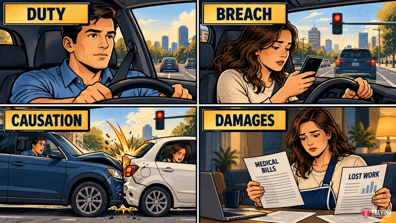 A four-panel illustration labeled “Duty,” “Breach,” “Causation,” and “Damages.” It shows a driver focused on the road, a driver texting, a rear-end car accident, and a woman reviewing medical bills and lost work documents while wearing an arm sling.