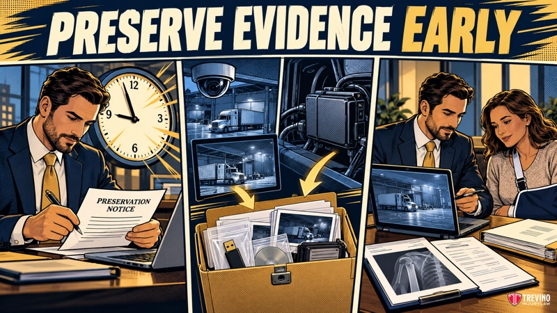 A three-panel comic strip titled “PRESERVE EVIDENCE EARLY” illustrates steps for an injury case. It shows a lawyer writing a notice, a collection of digital evidence like a USB drive and photos, and a client meeting where an injury is reviewed alongside accident footage.