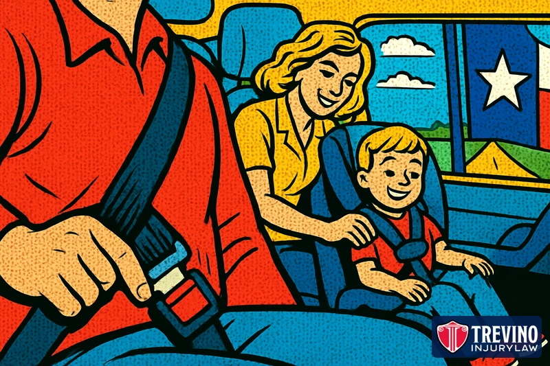 Comic-style illustration of a driver clicking his seatbelt while a mother buckles a smiling child into a car seat in the back, with a Texas flag outside, representing Texas seatbelt and child safety seat laws for all passengers.