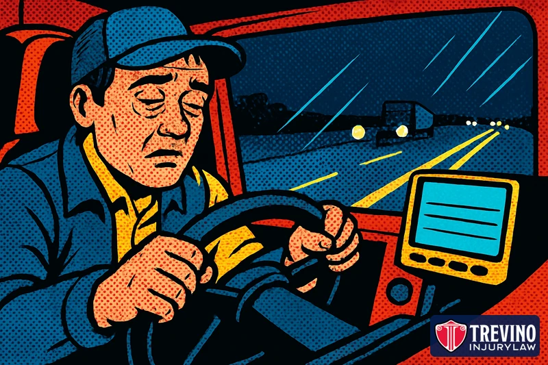 Comic-style illustration of an exhausted 18-wheeler driver with heavy eyelids gripping the wheel at night beside a glowing electronic logging device, representing truck driver fatigue and federal hours-of-service violations.