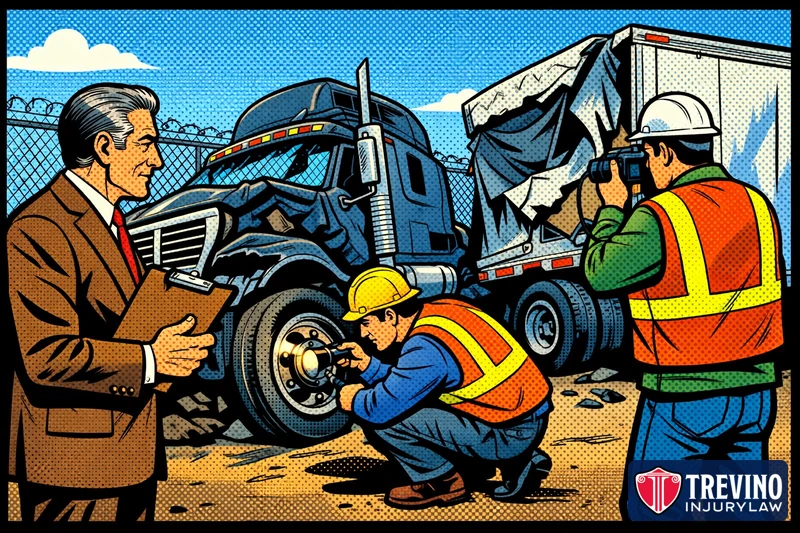 Comic-style illustration of two engineers inspecting the brakes and damaged trailer of a wrecked semi-truck held in a fenced storage lot while a lawyer with a clipboard observes.