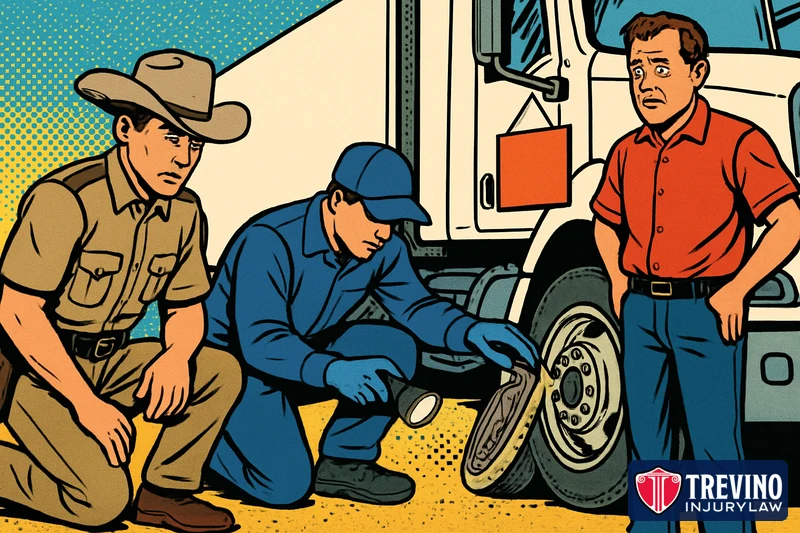 Comic-style illustration of a Texas trooper and a commercial vehicle inspector checking a semi-truck's worn tire and brakes at a roadside inspection, with an orange out-of-service placard on the truck and a worried driver standing nearby.