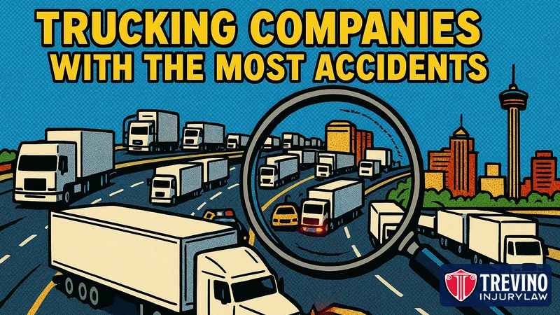 Comic-style illustration of a convoy of unbranded semi-trucks and box trucks on a Texas interstate near the San Antonio skyline, with a giant magnifying glass over the traffic and the headline "Trucking Companies With the Most Accidents."
