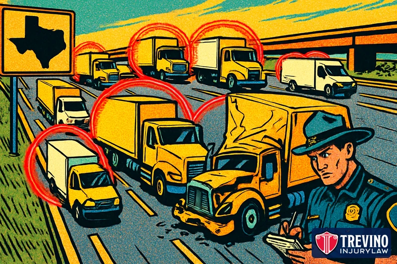 Comic-style illustration of a busy Texas highway where several delivery and box trucks are circled in red to show a pattern of crashes, while a police officer takes notes beside a damaged truck in the foreground.