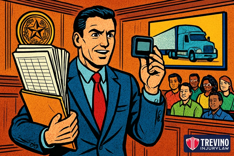 Comic-style illustration of a trial lawyer in a Texas courtroom showing a jury trucking company maintenance logs, a driver file and an electronic logging device, with a semi-truck displayed on the screen behind him.