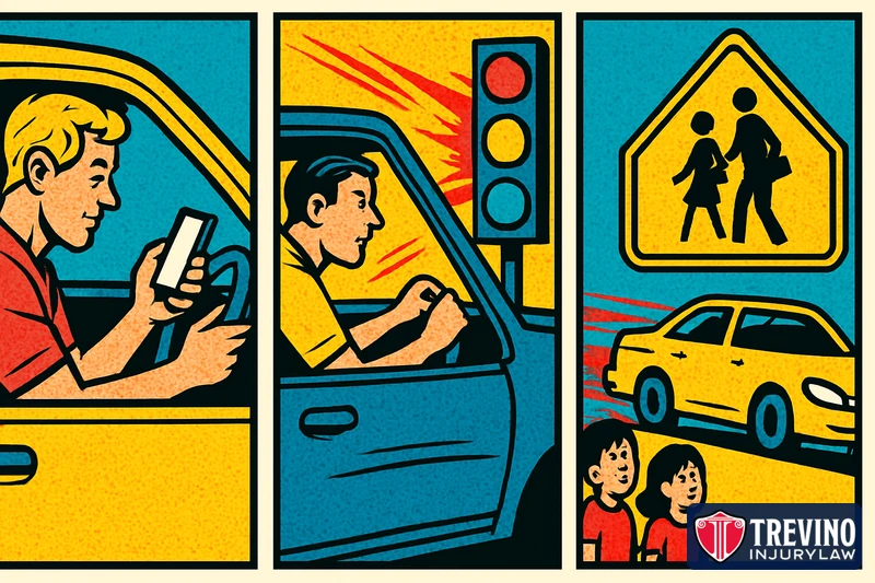 Comic-style three-panel illustration of a driver texting behind the wheel, a driver running a red light, and a car speeding past children near a school crossing, representing ordinary negligence, negligence per se, and gross negligence in Texas.