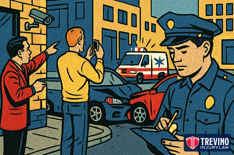 Comic illustration of the scene after a rear-end crash: a driver photographs the damaged cars, a witness points to a store security camera, a police officer takes notes, and an ambulance waits in the background