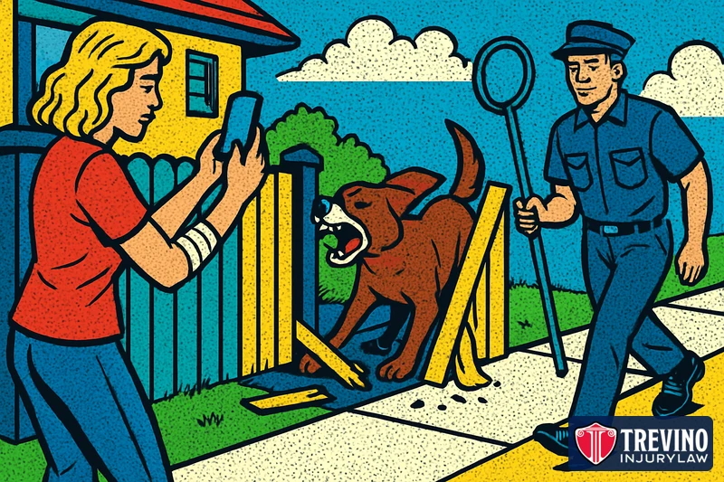 Comic-style illustration of a woman with a bandaged arm photographing an aggressive dog behind a broken fence gate as an animal control officer arrives, showing the steps to take after a dog attack in Texas.