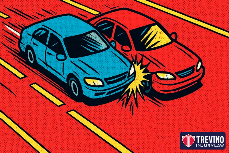 Comic-style illustration of a blue sedan drifting across the lane line and scraping the side of a red car on a multi-lane highway, showing how a sideswipe accident happens and why lane-change evidence decides fault in Texas.