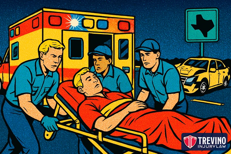 Comic-style illustration of paramedics loading an injured driver on a stretcher into an ambulance at a nighttime highway crash scene in Texas, representing who pays the ambulance bill after a car accident.