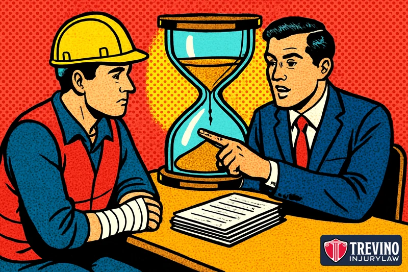 Comic-style illustration of an injured worker with a bandaged arm and hard hat meeting with a lawyer who points to an hourglass running low, representing the deadlines to report a work injury and file a claim or lawsuit in Texas.