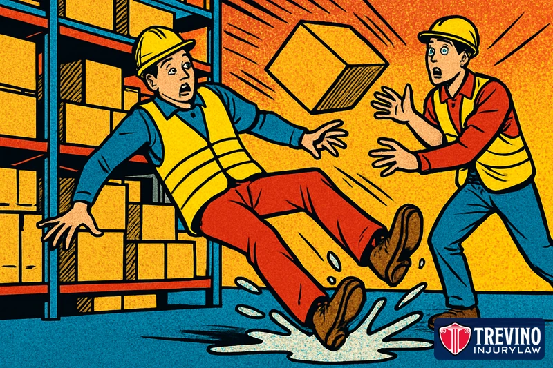 Pop-art comic illustration of a stockroom worker in a safety vest slipping on an unmarked liquid spill while a heavy box falls from an overloaded shelf and a coworker reaches out to help